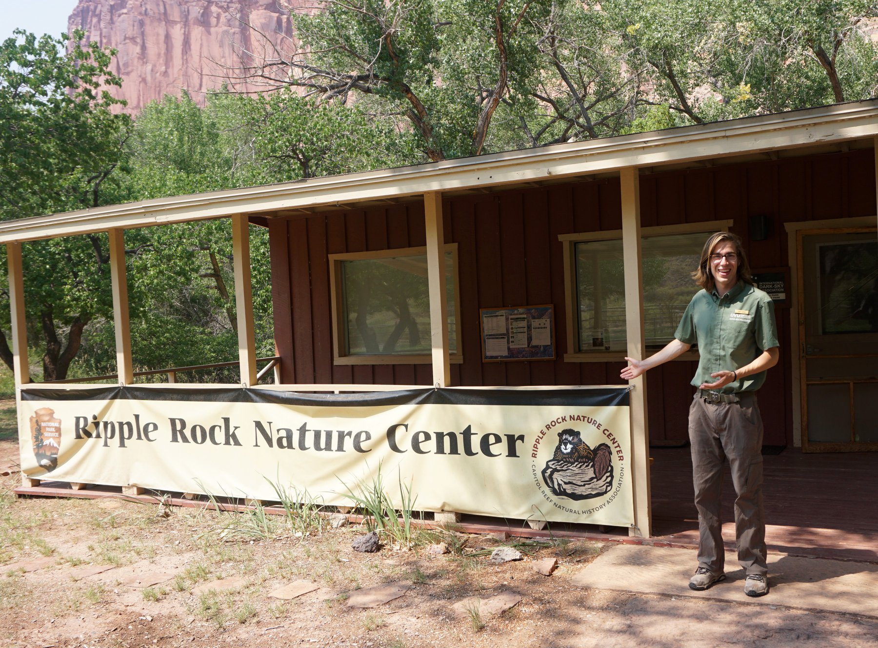 Author Bret Stein in front of the Ripple Rock Nature Center at Capitol Reef National Park